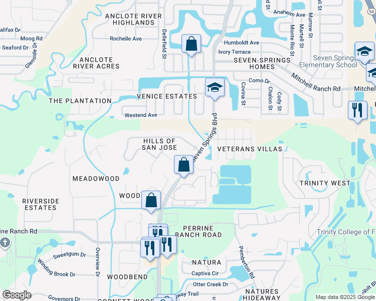 map of restaurants, bars, coffee shops, grocery stores, and more near 7140 San Jose Loop in New Port Richey
