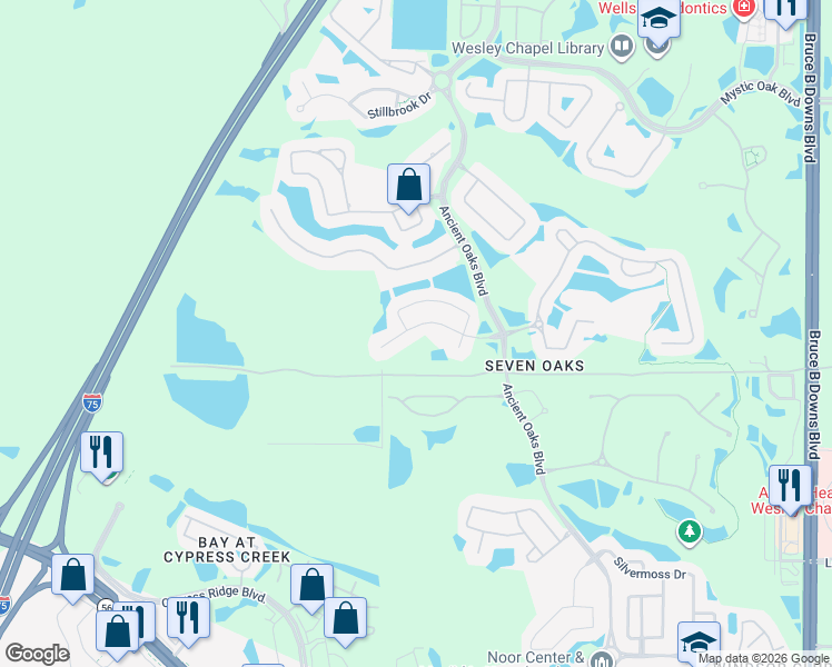 map of restaurants, bars, coffee shops, grocery stores, and more near 27036 Palmetto Bend Drive in Wesley Chapel