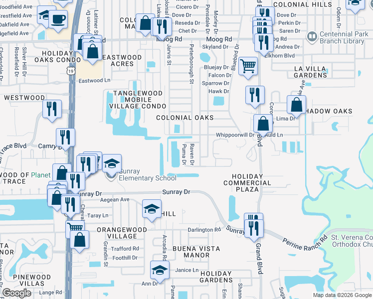 map of restaurants, bars, coffee shops, grocery stores, and more near 2912 Puma Drive in Holiday