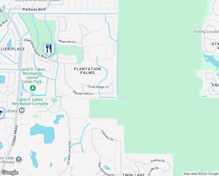 map of restaurants, bars, coffee shops, grocery stores, and more near 23850 Coral Ridge Lane in Land O' Lakes