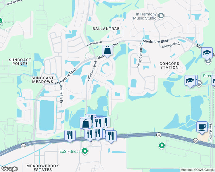 map of restaurants, bars, coffee shops, grocery stores, and more near 17816 Ayrshire Boulevard in Land O' Lakes