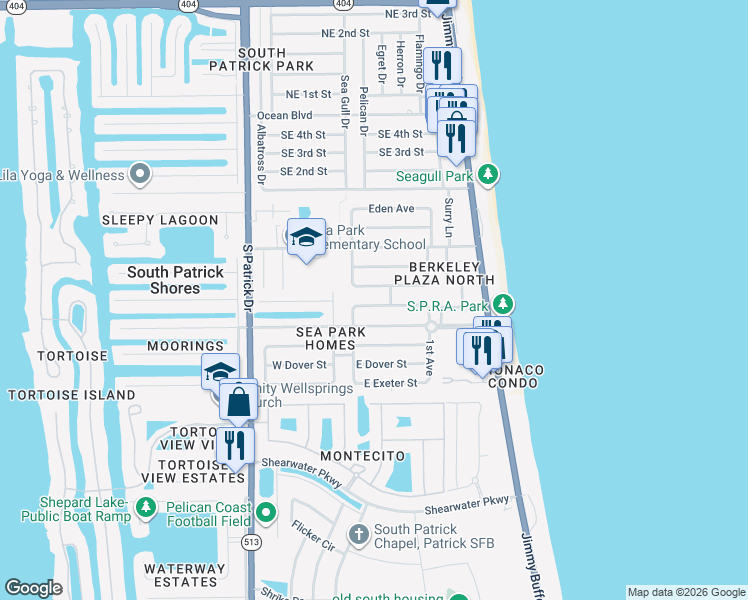 map of restaurants, bars, coffee shops, grocery stores, and more near 169 East Arlington Street in Satellite Beach