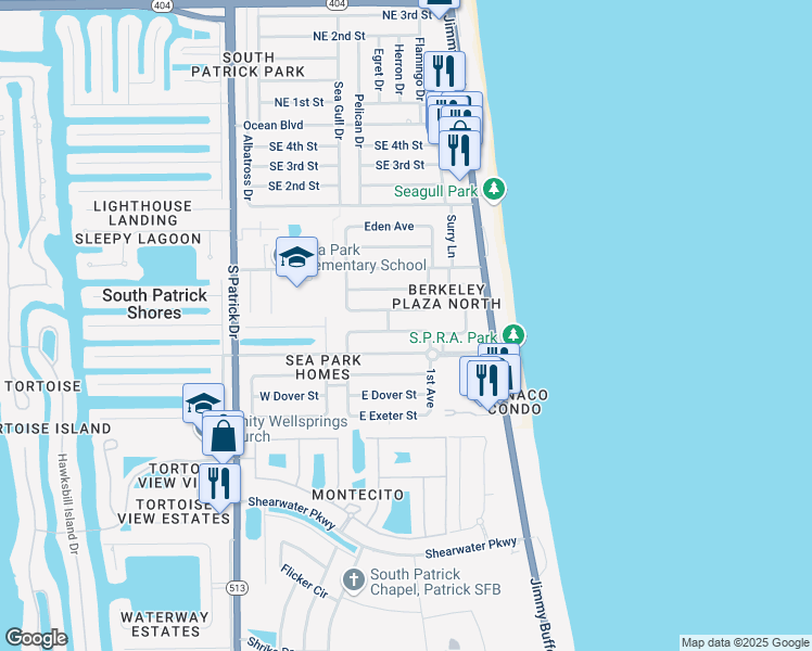 map of restaurants, bars, coffee shops, grocery stores, and more near 123 East Arlington Street in Satellite Beach