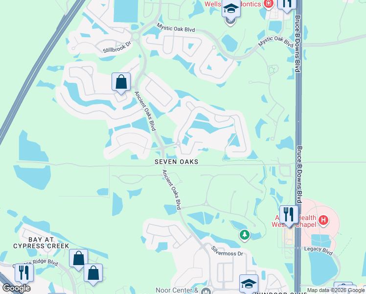 map of restaurants, bars, coffee shops, grocery stores, and more near 27311 Mistflower Drive in Wesley Chapel