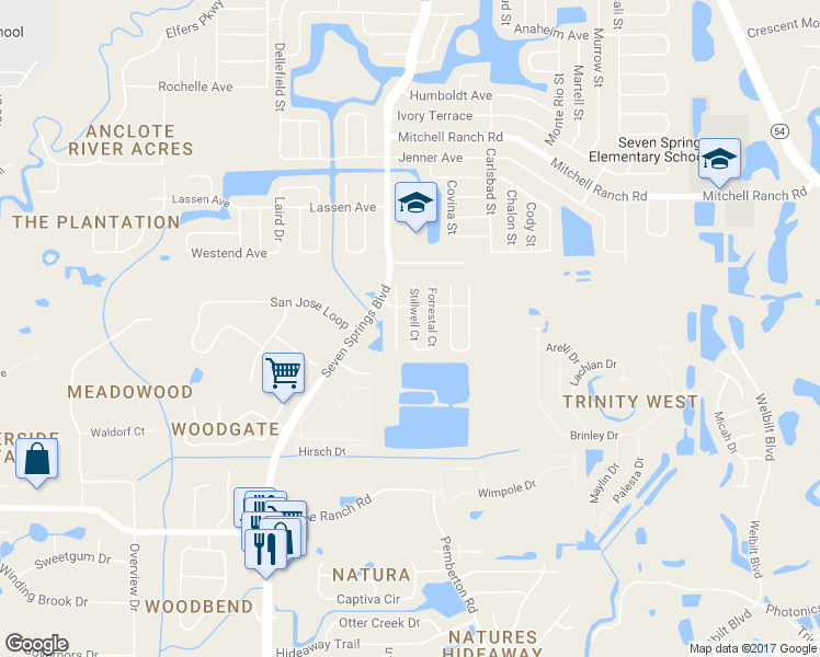 map of restaurants, bars, coffee shops, grocery stores, and more near 2917 Stillwell Court in New Port Richey