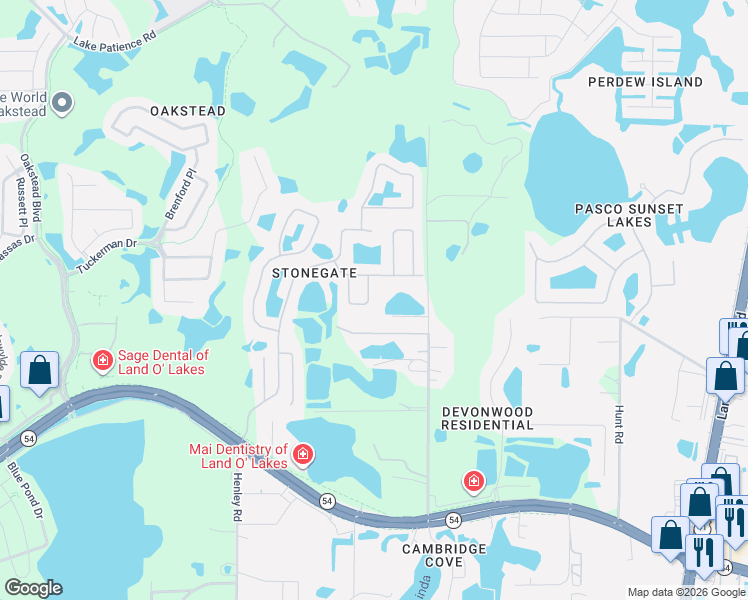 map of restaurants, bars, coffee shops, grocery stores, and more near 3106 Silvemill Loop in Land O' Lakes