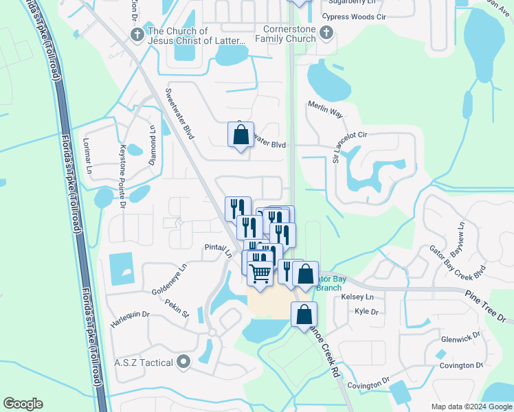 map of restaurants, bars, coffee shops, grocery stores, and more near 2453 Seven Oaks Drive in St. Cloud