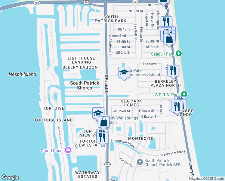 map of restaurants, bars, coffee shops, grocery stores, and more near 359 West Arlington Street in Satellite Beach