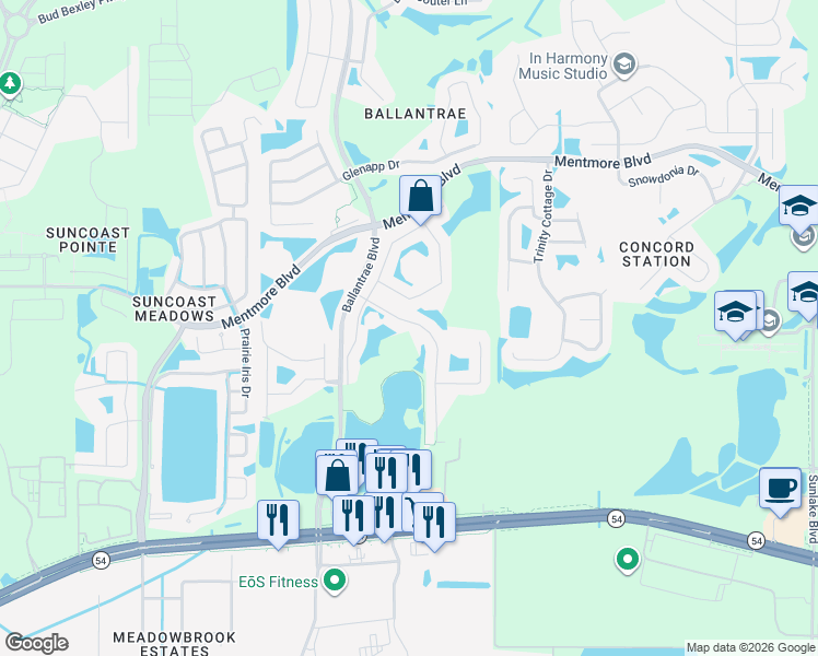 map of restaurants, bars, coffee shops, grocery stores, and more near 17816 Ayrshire Boulevard in Land O' Lakes