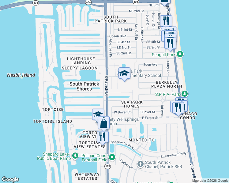 map of restaurants, bars, coffee shops, grocery stores, and more near 359 West Arlington Street in Satellite Beach