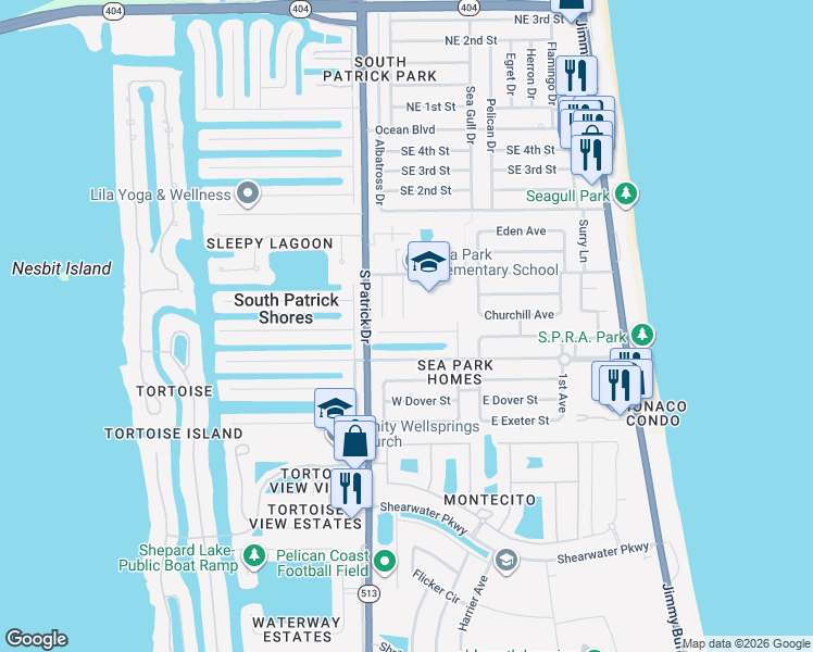 map of restaurants, bars, coffee shops, grocery stores, and more near 359 West Arlington Street in Satellite Beach