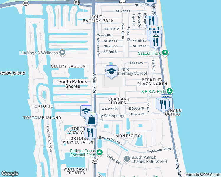 map of restaurants, bars, coffee shops, grocery stores, and more near 329 West Arlington Street in Satellite Beach