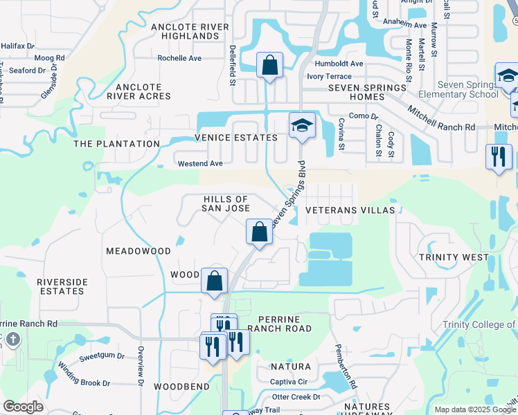 map of restaurants, bars, coffee shops, grocery stores, and more near 7140 San Jose Loop in New Port Richey