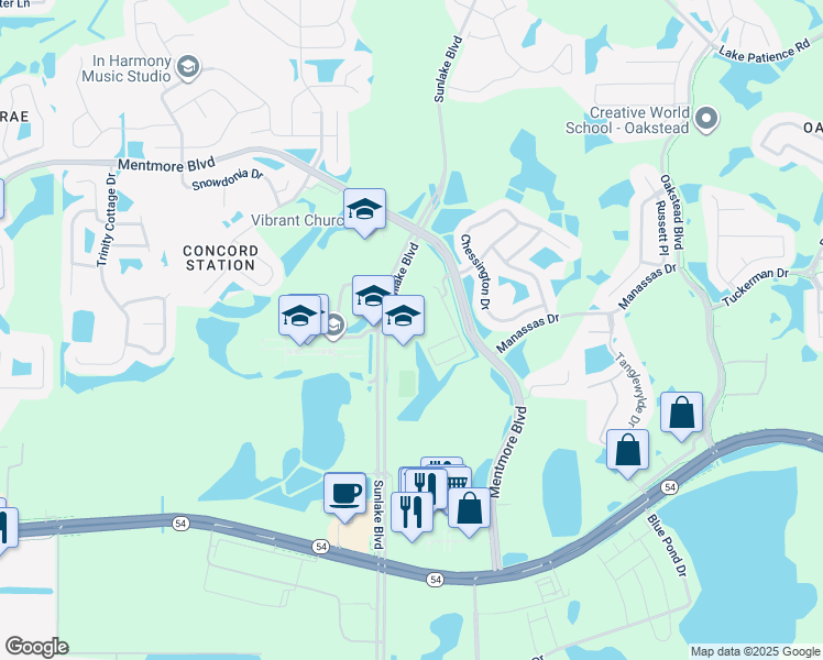 map of restaurants, bars, coffee shops, grocery stores, and more near 18858 Addison Lake Drive in Land O' Lakes