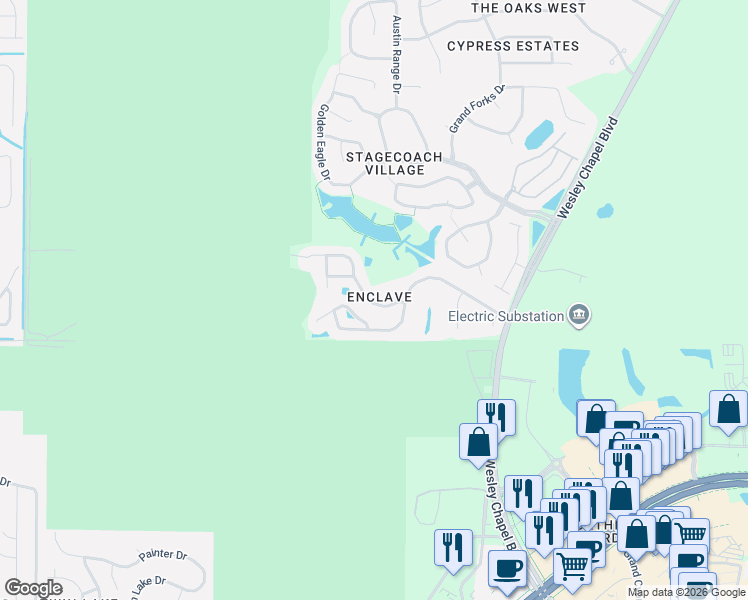 map of restaurants, bars, coffee shops, grocery stores, and more near 24933 Ravello Street in Land O' Lakes