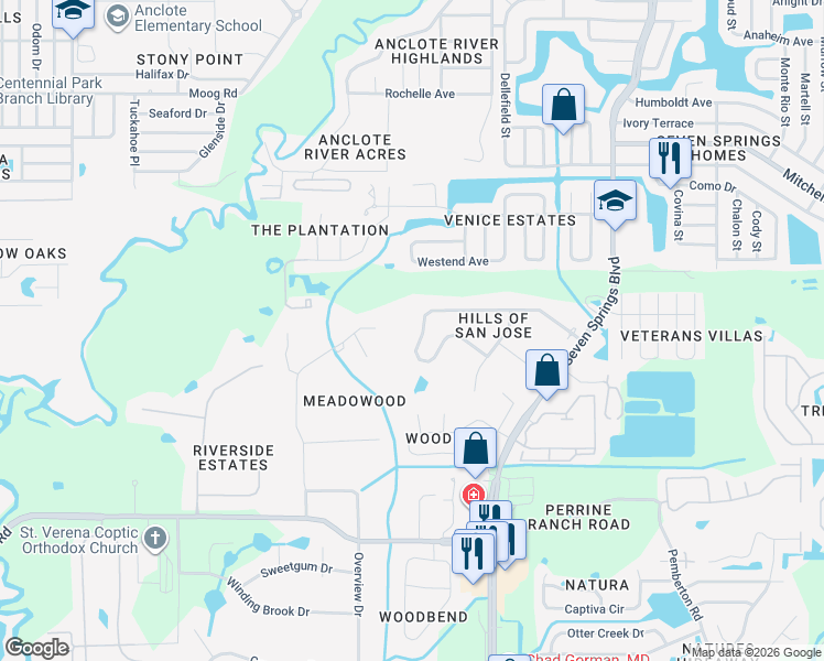 map of restaurants, bars, coffee shops, grocery stores, and more near 6859 San Jose Loop in New Port Richey