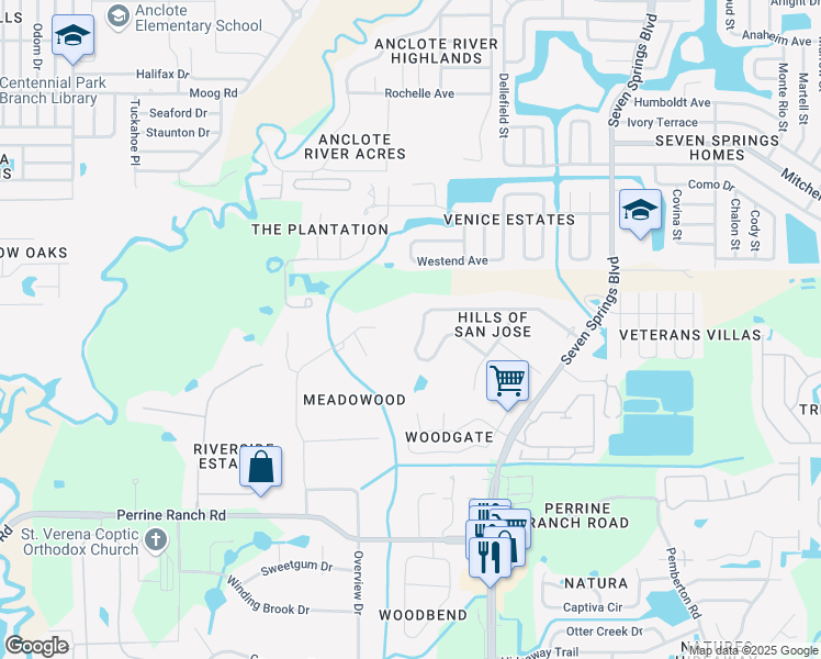 map of restaurants, bars, coffee shops, grocery stores, and more near 6859 San Jose Loop in New Port Richey
