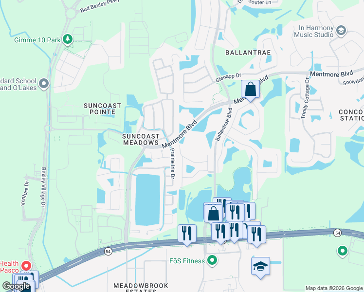 map of restaurants, bars, coffee shops, grocery stores, and more near 3024 Girvan Drive in Land O' Lakes