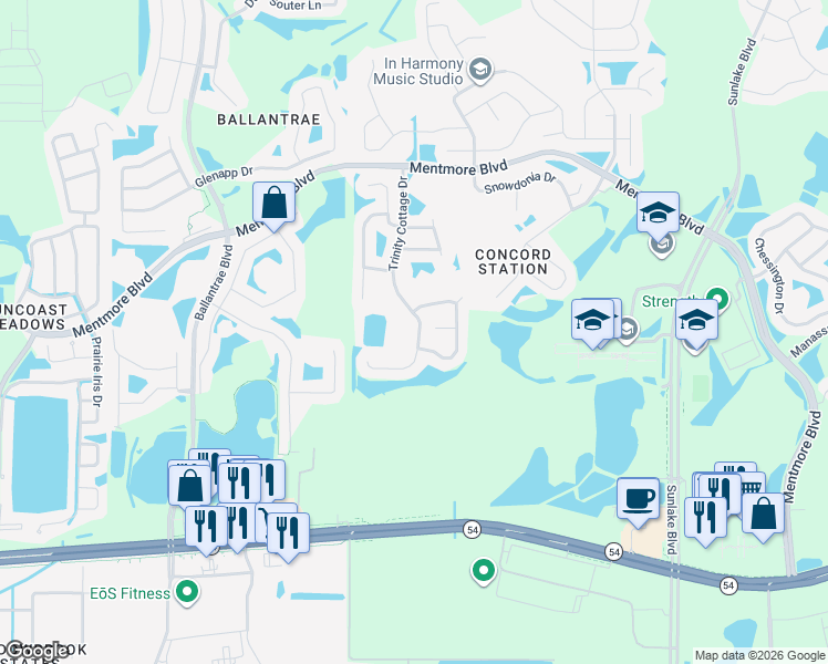 map of restaurants, bars, coffee shops, grocery stores, and more near 3029 Trinity Cottage Drive in Land O' Lakes