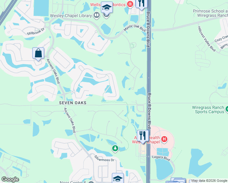map of restaurants, bars, coffee shops, grocery stores, and more near 3105 Sunwatch Drive in Wesley Chapel