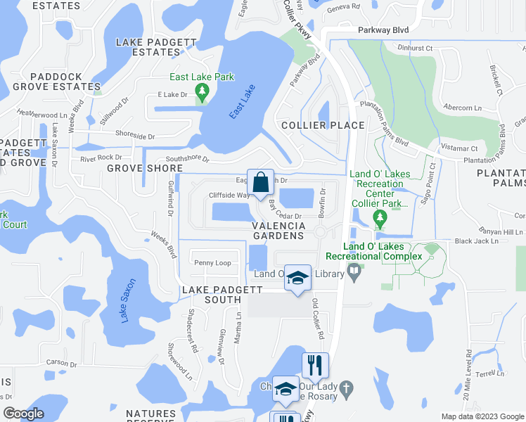 map of restaurants, bars, coffee shops, grocery stores, and more near 3052 High Meadow Way in Land O' Lakes