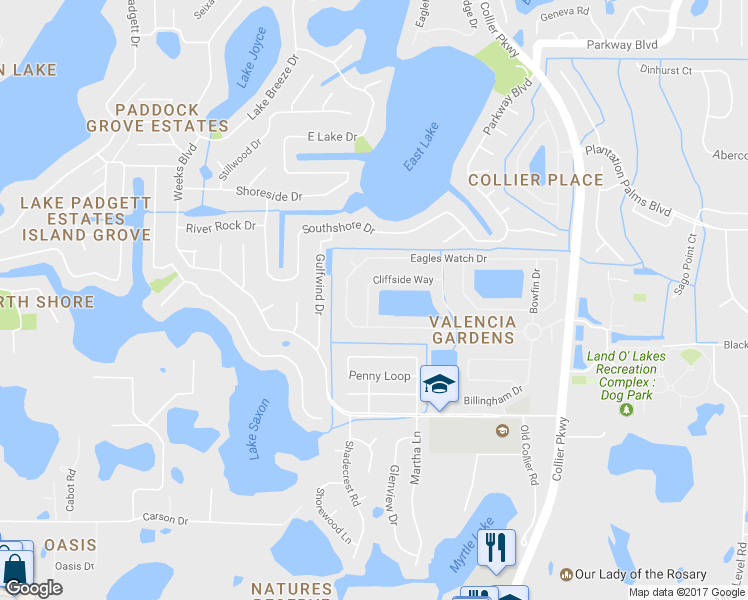 map of restaurants, bars, coffee shops, grocery stores, and more near 22548 Cliffside Way in Land O' Lakes