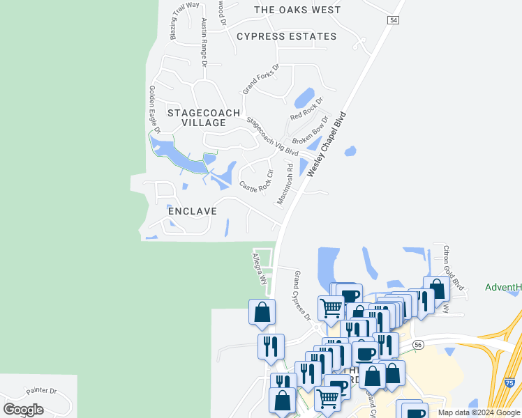 map of restaurants, bars, coffee shops, grocery stores, and more near 25141 Hyde Park Boulevard in Pasco County