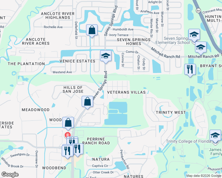 map of restaurants, bars, coffee shops, grocery stores, and more near 2917 Stillwell Court in New Port Richey