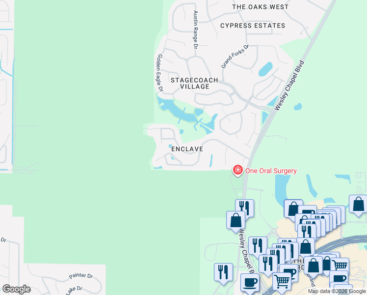 map of restaurants, bars, coffee shops, grocery stores, and more near 24933 Ravello Street in Land O' Lakes