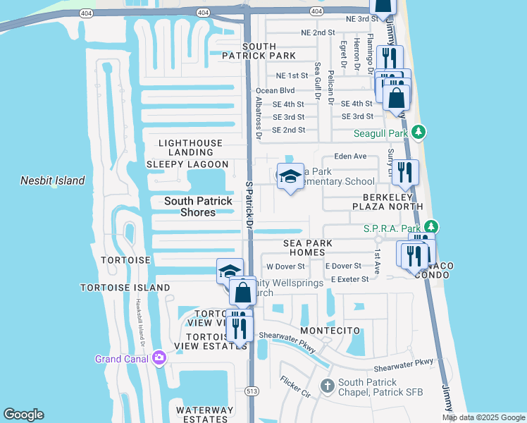 map of restaurants, bars, coffee shops, grocery stores, and more near 359 West Arlington Street in Satellite Beach
