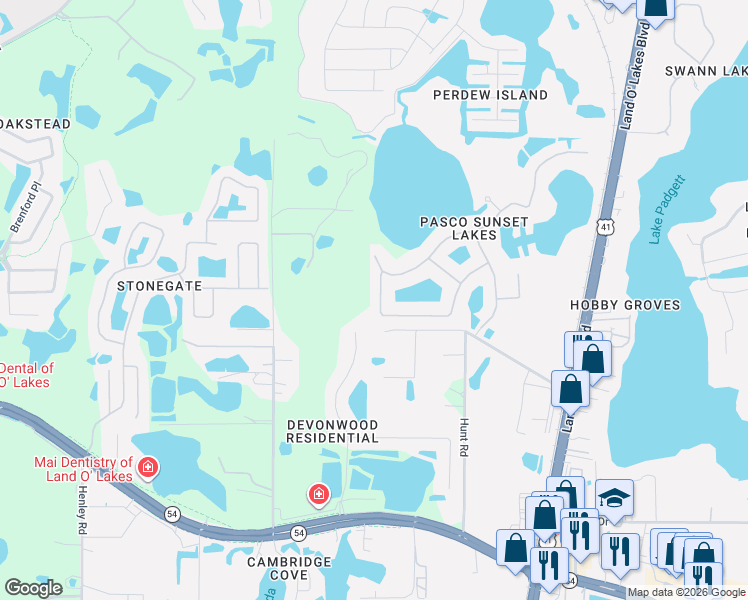 map of restaurants, bars, coffee shops, grocery stores, and more near 20622 Broadwater Drive in Land O' Lakes