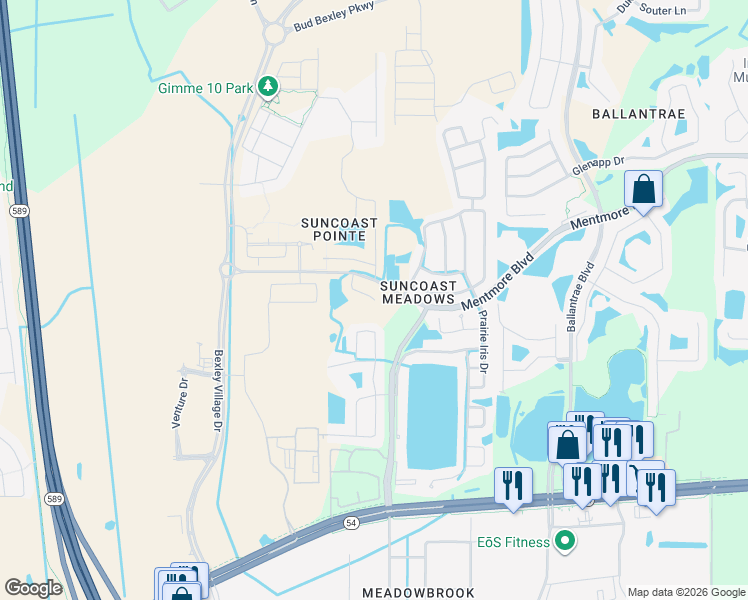 map of restaurants, bars, coffee shops, grocery stores, and more near 17047 Ongar Court in Land O' Lakes