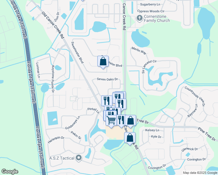 map of restaurants, bars, coffee shops, grocery stores, and more near 2453 Seven Oaks Drive in St. Cloud