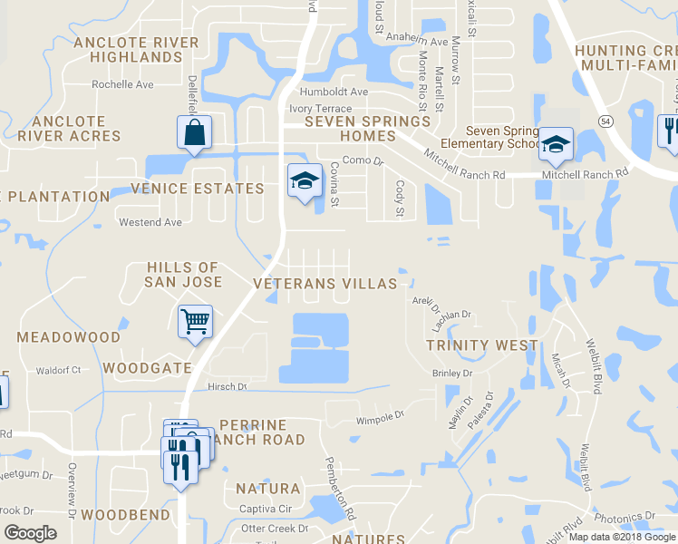 map of restaurants, bars, coffee shops, grocery stores, and more near 2934 Wainwright Court in New Port Richey