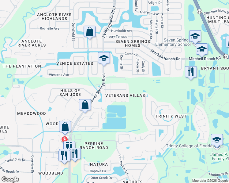 map of restaurants, bars, coffee shops, grocery stores, and more near 2917 Wainwright Court in New Port Richey