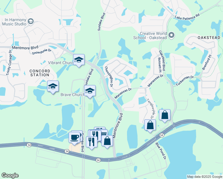 map of restaurants, bars, coffee shops, grocery stores, and more near 3109 Chessington Drive in Land O' Lakes