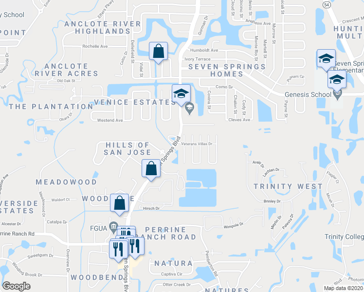 map of restaurants, bars, coffee shops, grocery stores, and more near 2937 Bradley Court in New Port Richey
