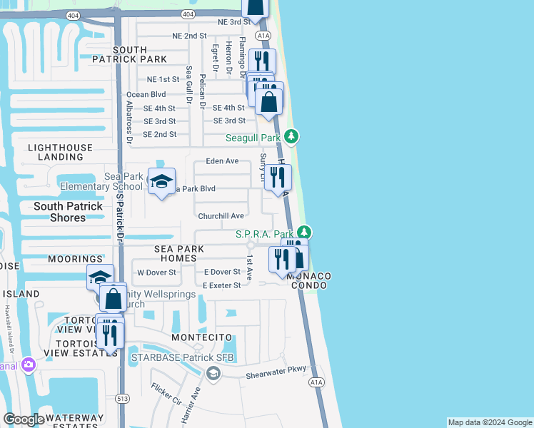 map of restaurants, bars, coffee shops, grocery stores, and more near 126 Christine Circle in Satellite Beach