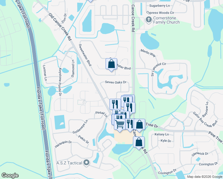 map of restaurants, bars, coffee shops, grocery stores, and more near 2453 Seven Oaks Drive in St. Cloud