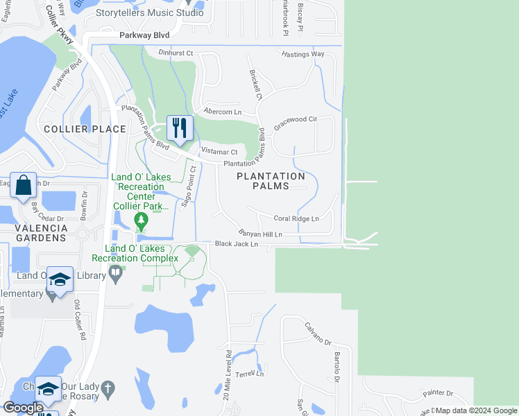 map of restaurants, bars, coffee shops, grocery stores, and more near 23645 Coral Ridge Lane in Land O' Lakes