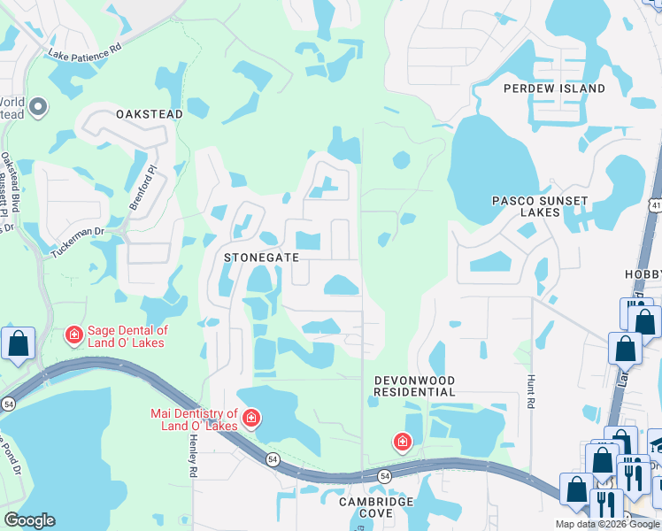 map of restaurants, bars, coffee shops, grocery stores, and more near 3106 Silvemill Loop in Land O' Lakes