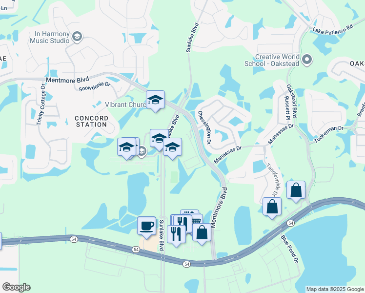 map of restaurants, bars, coffee shops, grocery stores, and more near 18858 Addison Lake Drive in Land O' Lakes