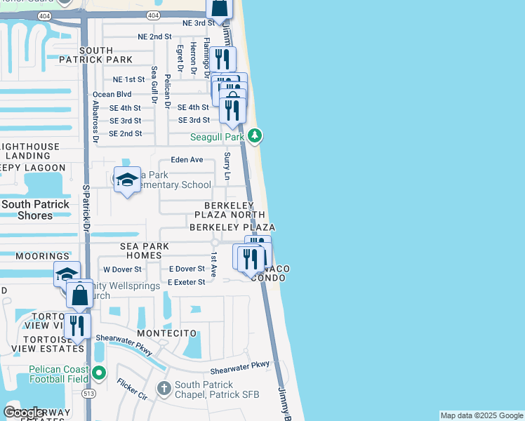 map of restaurants, bars, coffee shops, grocery stores, and more near 539 Florida A1A in Satellite Beach