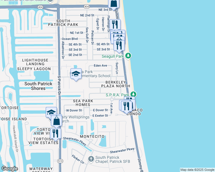 map of restaurants, bars, coffee shops, grocery stores, and more near 123 East Arlington Street in Satellite Beach