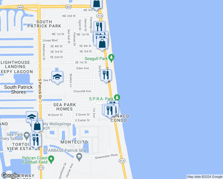 map of restaurants, bars, coffee shops, grocery stores, and more near 403 Florida A1A in Satellite Beach