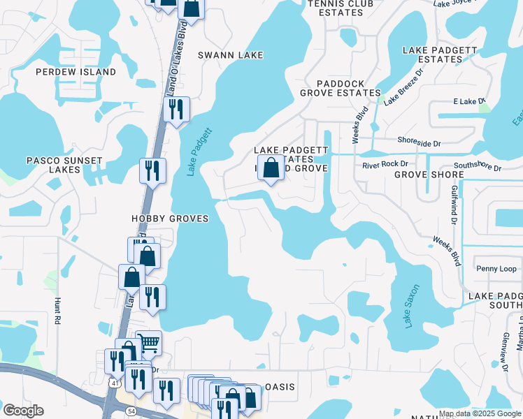 map of restaurants, bars, coffee shops, grocery stores, and more near 3056 Lake Padgett Drive in Land O' Lakes