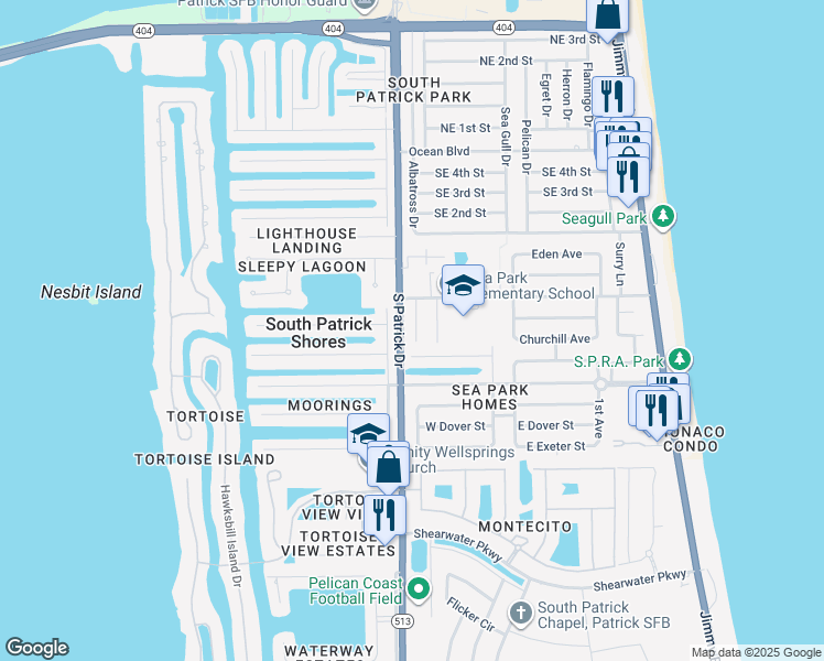 map of restaurants, bars, coffee shops, grocery stores, and more near 59 Sorrento Court in Satellite Beach