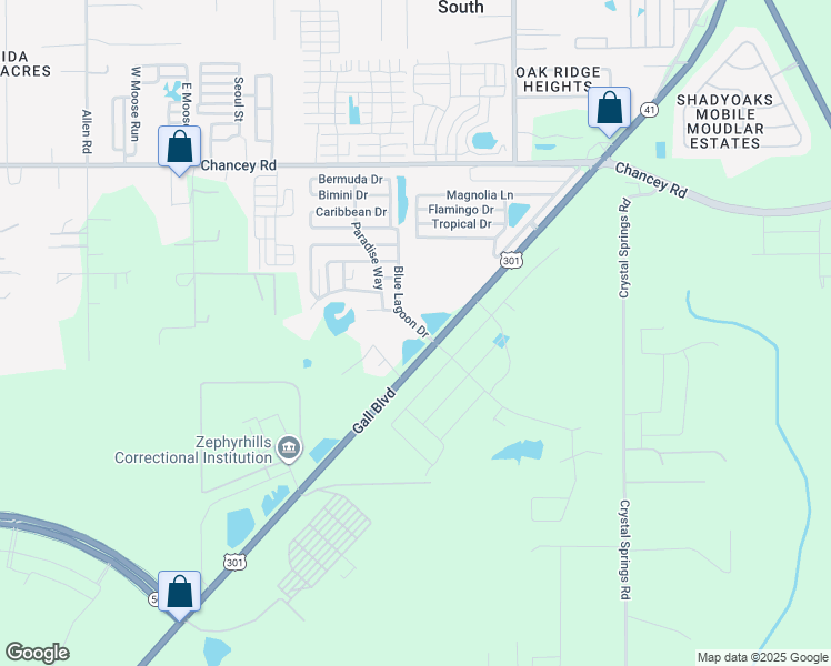 map of restaurants, bars, coffee shops, grocery stores, and more near 3113 Blue Lagoon Drive in Zephyrhills