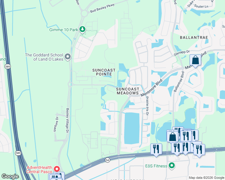 map of restaurants, bars, coffee shops, grocery stores, and more near 17031 Ongar Court in Land O' Lakes