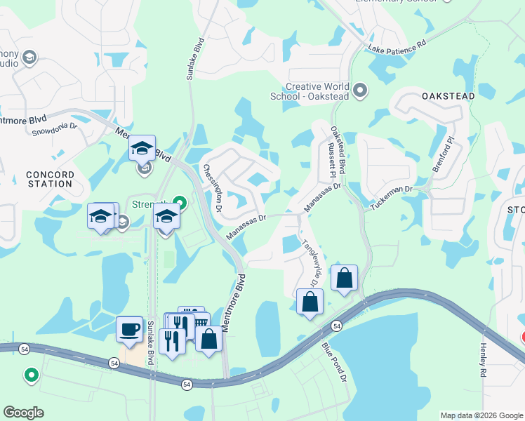 map of restaurants, bars, coffee shops, grocery stores, and more near 3054 Donington Castle Lane in Land O' Lakes